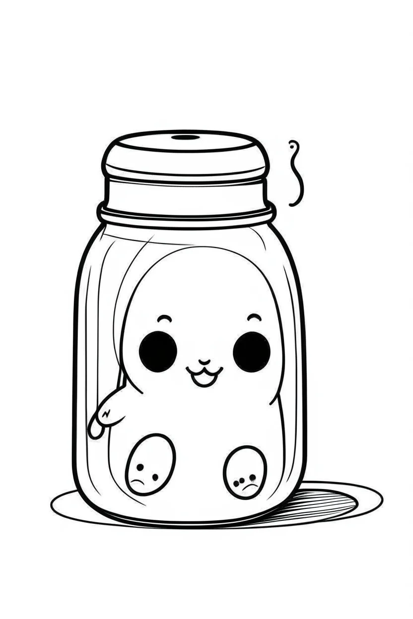 KAWAII ghost stuck in the jar idea, line art, background, vector, svg, black outline on white background, leave plenty of white space beetween lines for coloring, tattoo style, tattoo idea,full body, minimalist