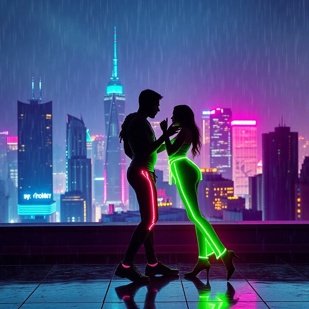 Silhouette Of A Hip Hop Couple Wearing Neon Futuristic Clothes Dancing In Hip Hop Style On A Rooftop With A Futuristic City At Dark Heavy Rainy Night And Futuristic Lights Showing Dramatic And Cinematic Ambiance.