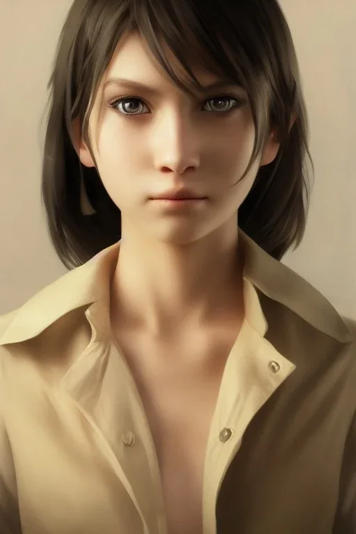 upper body portrait of a young girl from final fantasy live action, with short black hair and green eyes in a tan trenchcoat over a white shirt, award winning, masterpiece digital painting by greg rutkowski, alex grey, artstation, 4k wallpaper