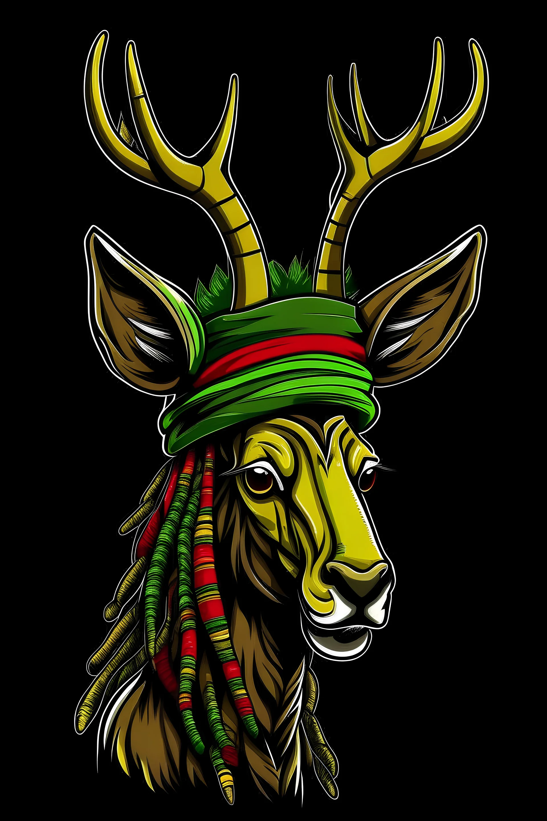 a jamaican deer with dreadlocks and green-yellow-red striped headband in comic style in frontal view with a dark background