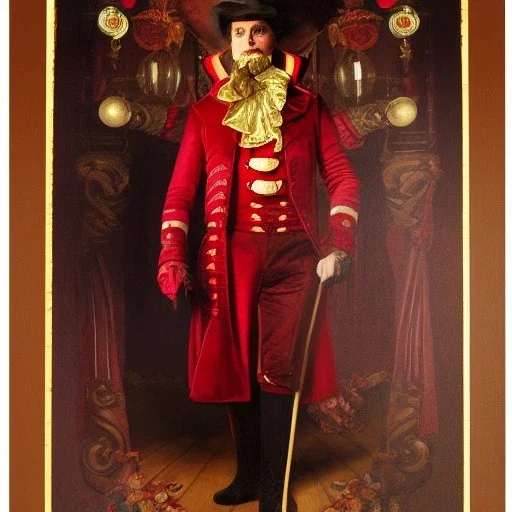 circus ringmaster, garish red coat, 1800s, chiaroscuro lighting , 8k UHD, matte painting, illustration, renaissance, artwork, high-quality, intricate detail, dark circus, night circus, creepy, rocco, greg rutowski, howard lyon, alphonse mucha