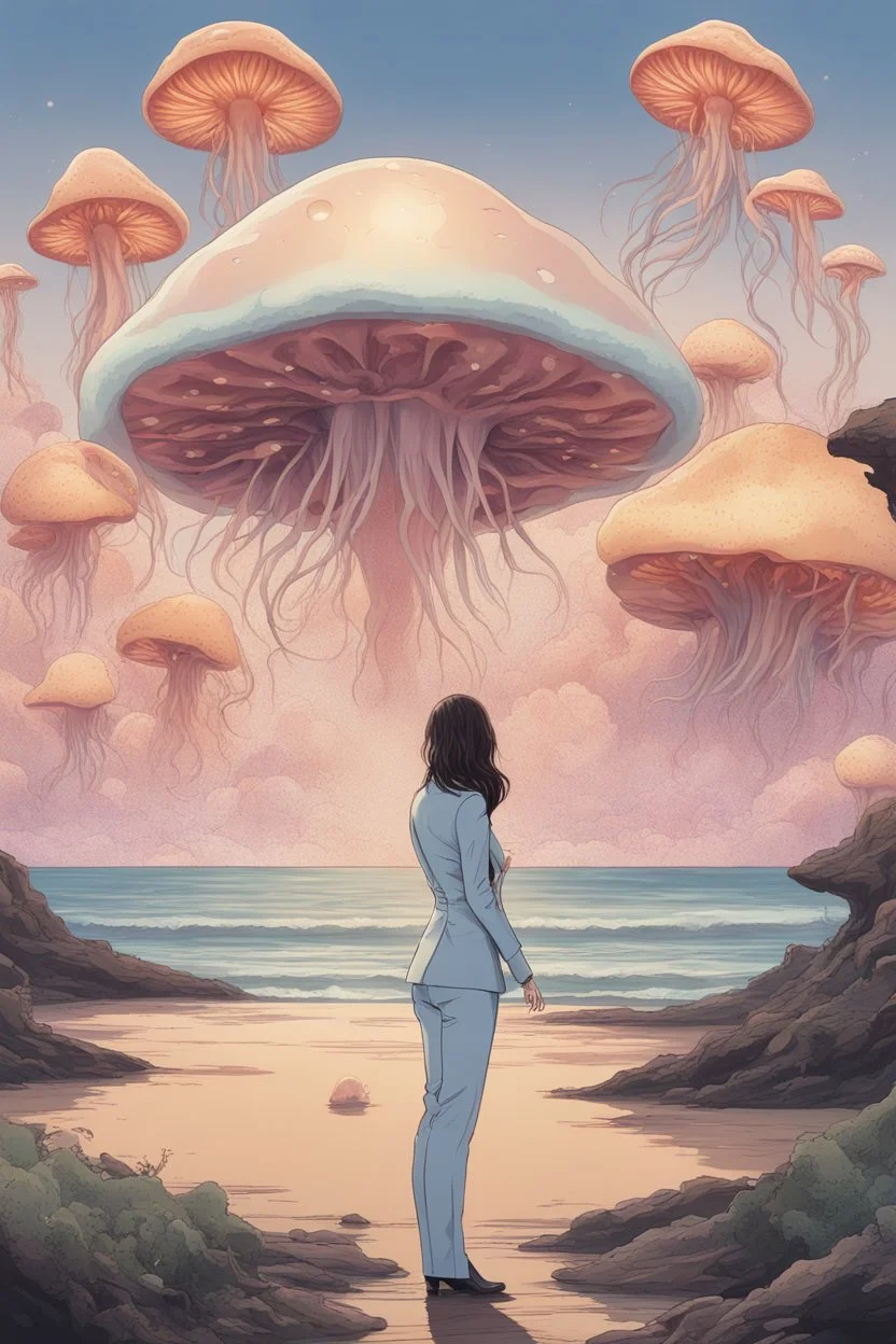 woman in a form-fitting suit, standing on a beach of an alien world, watching mushrooms with jellyfish tentacles in the sky