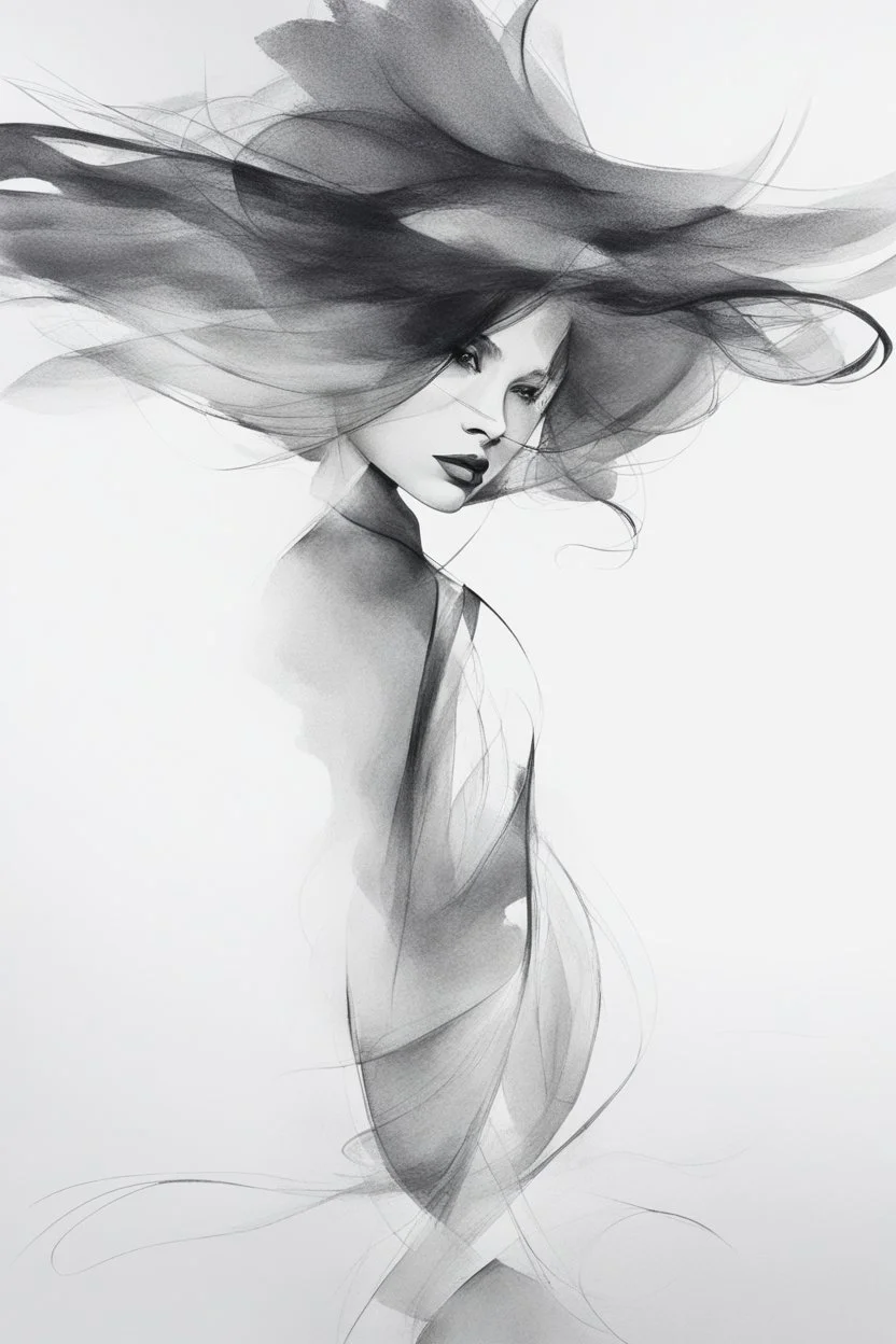 black and white expressive and abstract drawing of woman ar2:3 without shading