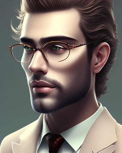 man in round glasses, wavy hair, slim, tie, two tone colours, detailed, realistic, handsome, square jaw, big brows, bird on the shoulder, spotlight