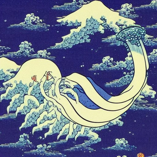 An astronaut floating in space surrounded by a halo of glowing jellyfish, done in the style of Hokusai's The Great Wave off Kanagawa