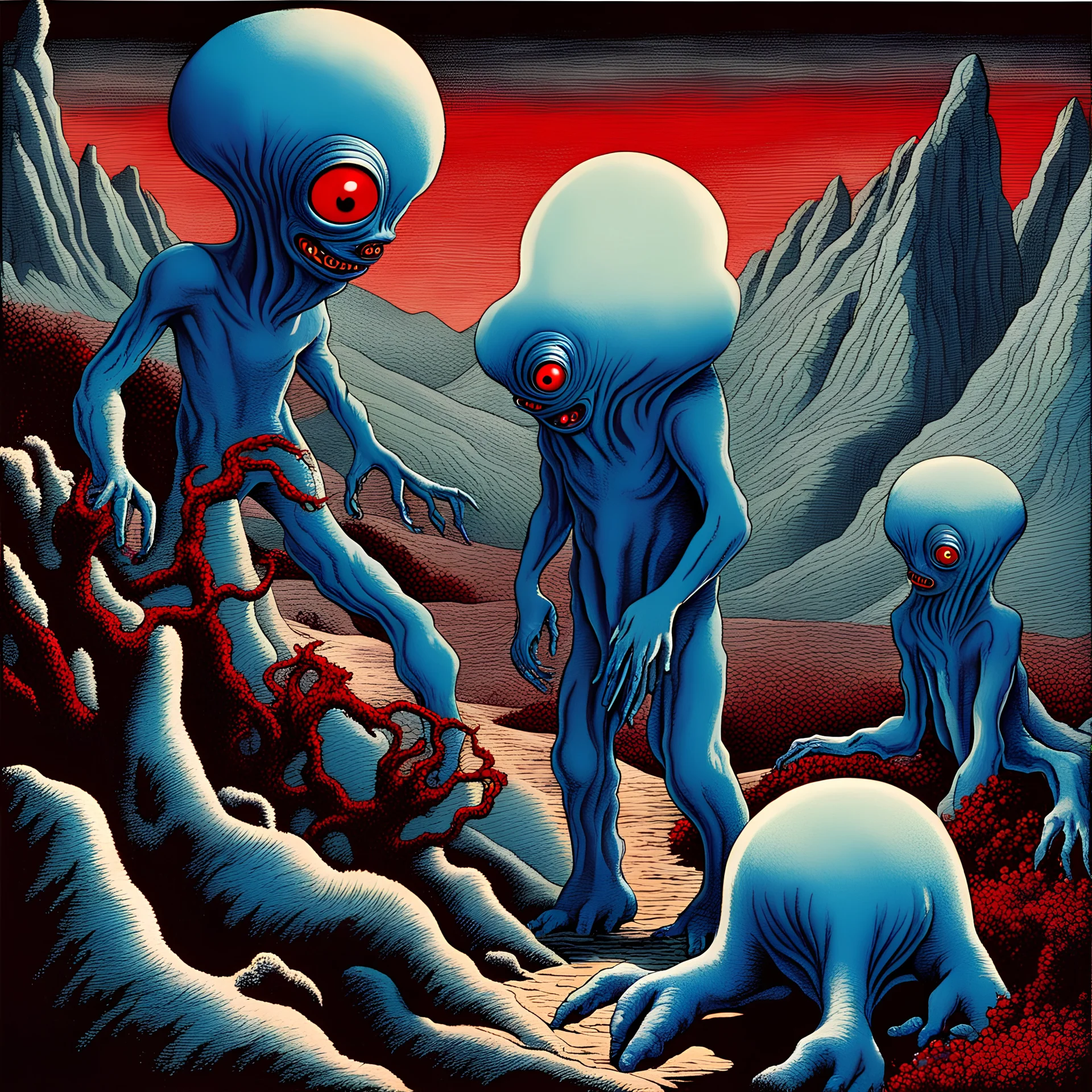 French surrealism animation art from 1970s, illustration of large blue alienoid creatures, mesmerizing, hallucinogenic tones, strange, creepy cutout style of animation of phantamosgoric giant blue alien with red eyes, Czech animation tradition, art by Roland Toper, Dali-esc environment, trance-like, Fantastic Planet aliens