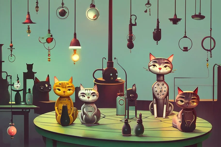 Happy cats sitting on a table :: industrial robotic cats, characters from machinarium pictoplasma, assemblage of naive art and les automatistes, by Alexander Jansson and Leo Lionni, a storybook illustration of a surrealist cat sculptures, cgsociety and behance contest winner