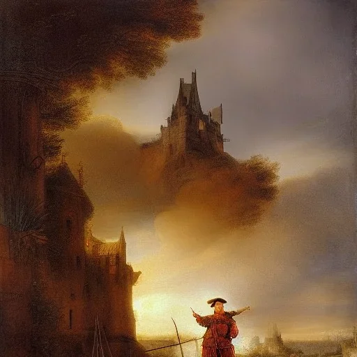 Rembrandt, magic, castle, rain, landscape, snow, bright foreground, dragons