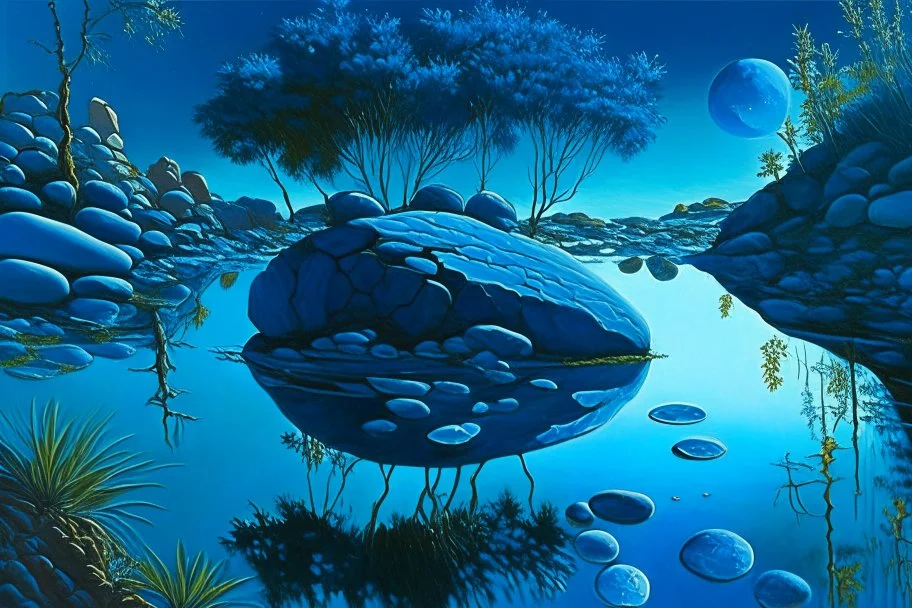 blue exoplanetin the sky, water reflection, rocks, vegetation, otto pippel painting