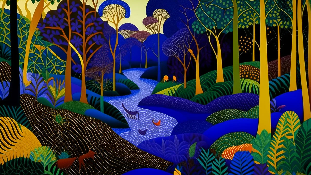 A purple jungle with a toxic river designed in Indian Gond art painted by Georges Seurat