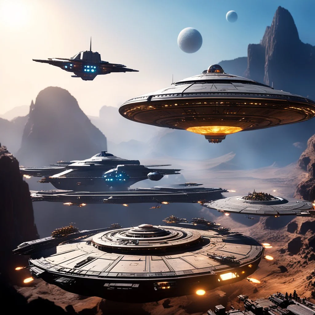 (bokeh scene) Custom bajoran starship landing in the platform over the mine of the planet, seen from the top with a lot of smaller different ships and miners