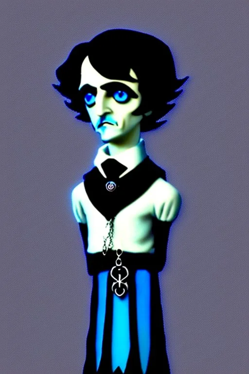 black haired blue-eyed young man necromancer goth gnome that looks like Edgar Alan Poe with gothic jewelry, in the style of Charles Addams