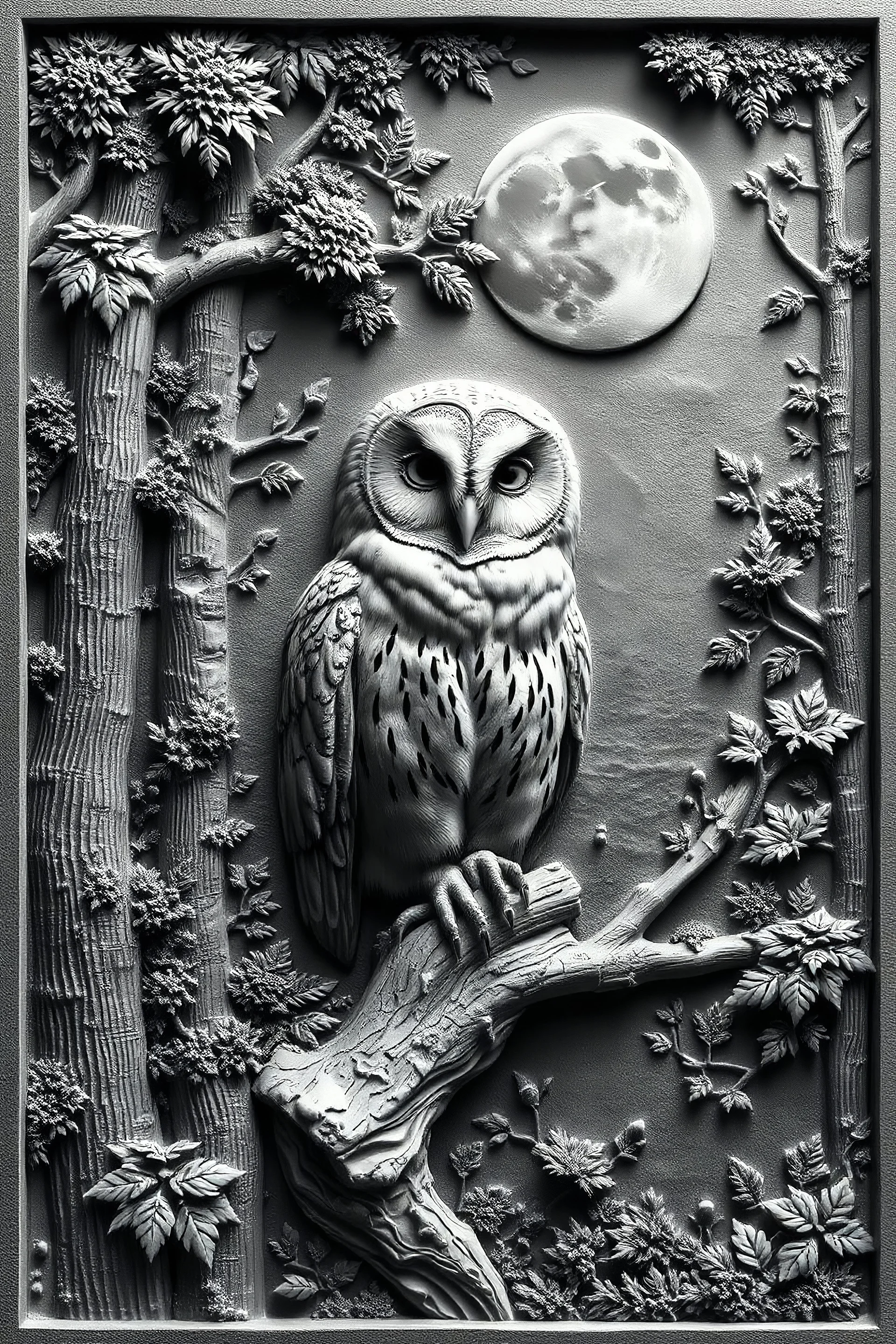 depth map style for bas-relief, a wonderful barn owl in a deep forest, a grayscale representation of the 3D data in a scene, global illumination, black and white