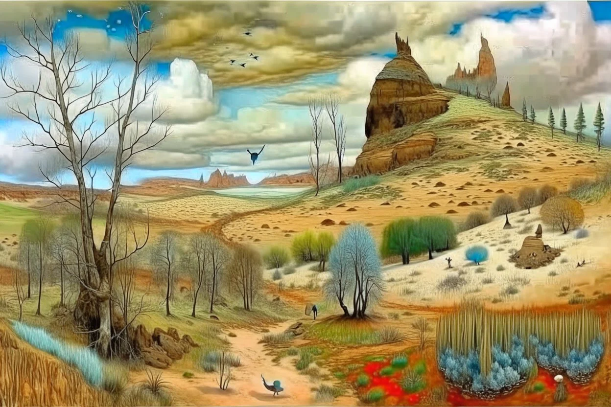 Richly textured Hieronymus Bosch, Catrin Welz-Stein, William Turner, Zdzisław Beksiński, Jacek Yerka oil on canvas zentangle line art style mix, surreal frosted fantasyland winter oceanscape, hoarfrost on trees, high grasses, snow and cottages, withered flowers, pale sunrise; paint splatter, beautiful vibrant colors, reflections, SK, flying seagulls, dramatic clouds, snowfall.