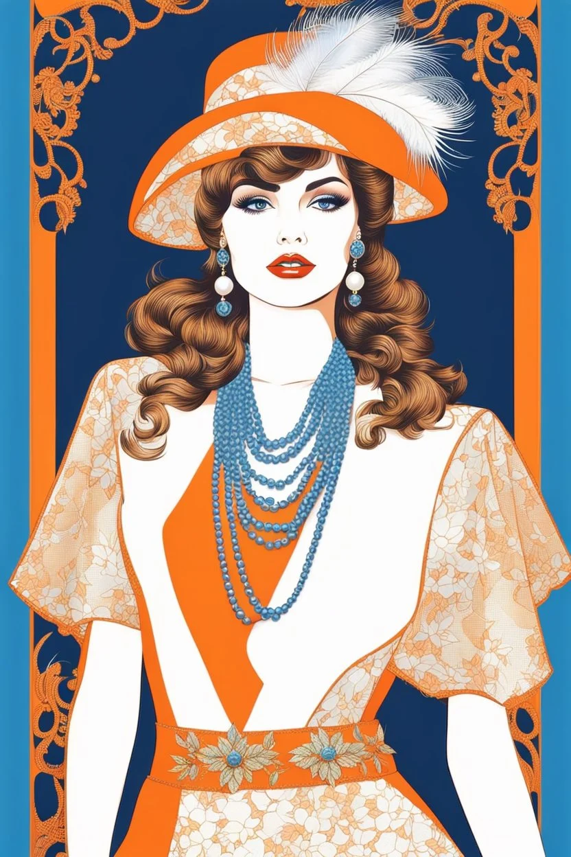 full body beautiful girl, elegant orange,lace clothes of the 80s, luxury style, small elegant hat with feather, hair of the 80s, pearl necklace, earrings masterful, beautiful face,blue backdrop