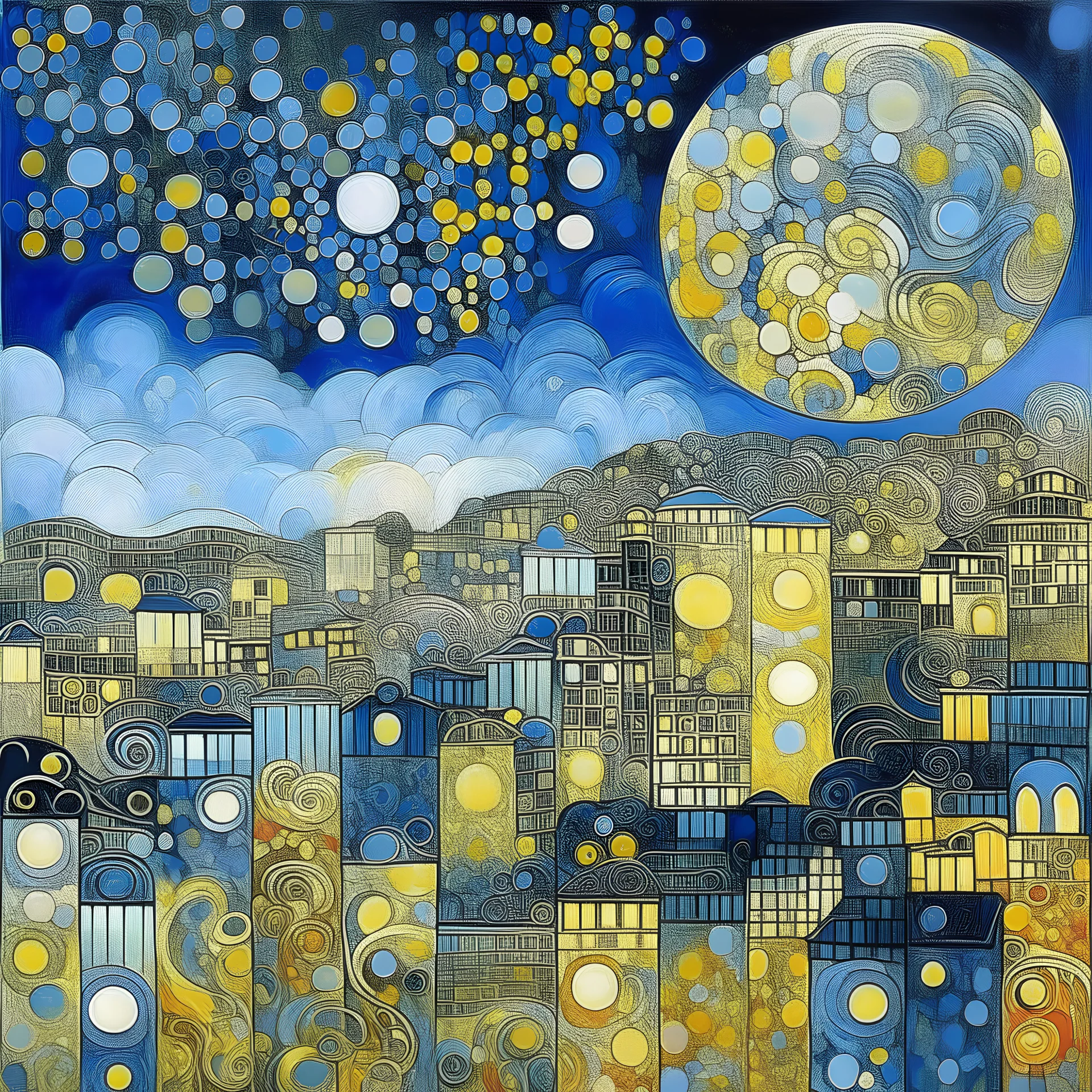 A silver city in the sky at night made out of clouds painted by Gustav Klimt