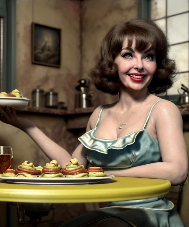 Ultra realistic photographic portrait, happy young Gina Lollobrigida woman sitting with arms resting on Italian kitchen table, pretty tortellini dish, retro dress by 1960, classic style decoration, cold, soft color, highly detailed, unreal engine 5, ray tracing, RTX, lumen lighting, ultra detail, volumetric lighting, high definition.