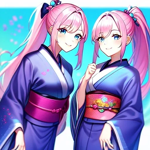 Clear focus, 8k, high quality, detailed, beautiful lighting, girl, vibrant colors, pink long hair, vibrant blue eyes, twins, kimono, ponytail, smile