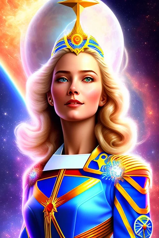 young cosmic woman admiral from the future, one fine whole face, large cosmic forehead, crystalline skin, expressive blue eyes, blue hair, smiling lips, very nice smile, costume pleiadian,rainbow ufo Beautiful tall woman pleiadian Galactic commander, ship, perfect datailed golden galactic suit, high rank, long blond hair, hand whit five perfect detailed finger, amazing big blue eyes, smilling mouth, high drfinition lips, cosmic happiness, bright colors, blue, pink, gold, jewels, realistic, real