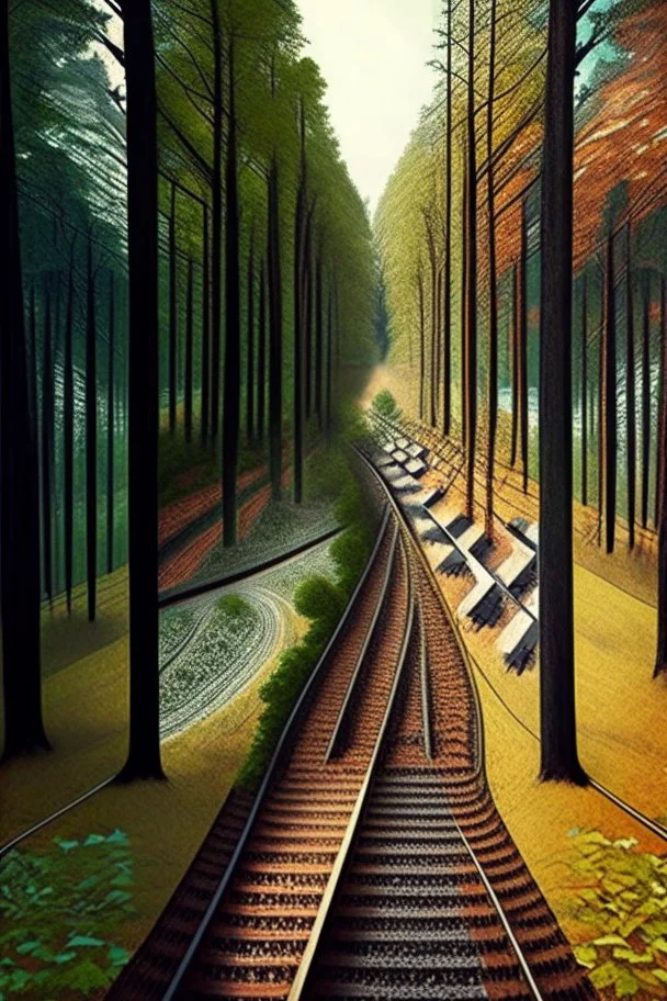 a railroad track, going through the woods, in various climate seasons, on 6 mathematical planes of perspective