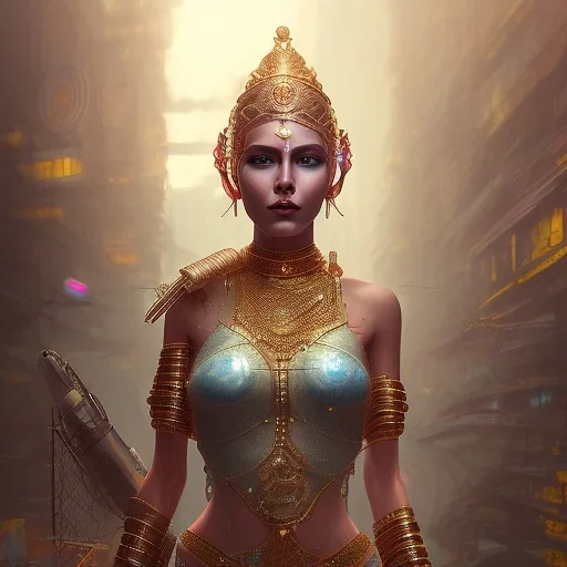 portrait,beautiful indian robotic sirene, post-apocalyptic in a cyberpunk city, realistic, intriacte detail, sci-fi fantasy style, volumetric lighting, particales,highly detailed, golden theme, queen look, highly detailed