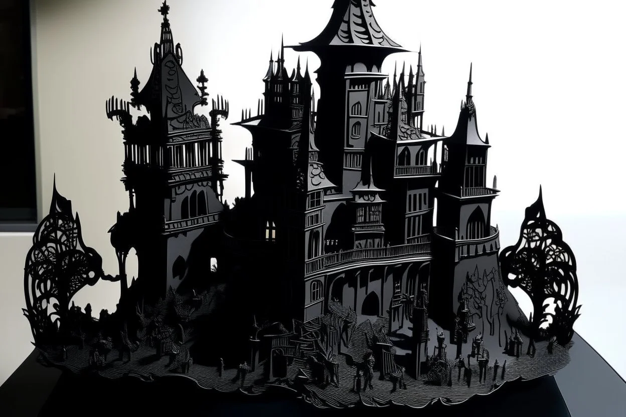 A black clockwork castle with a stronghold designed in Javanese shadow puppets