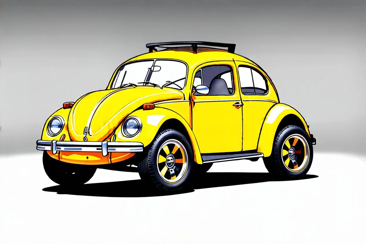 volks wagen beetle , classic model, paint shining yellow, big wheels, aeodinamic kit, , style cartoon