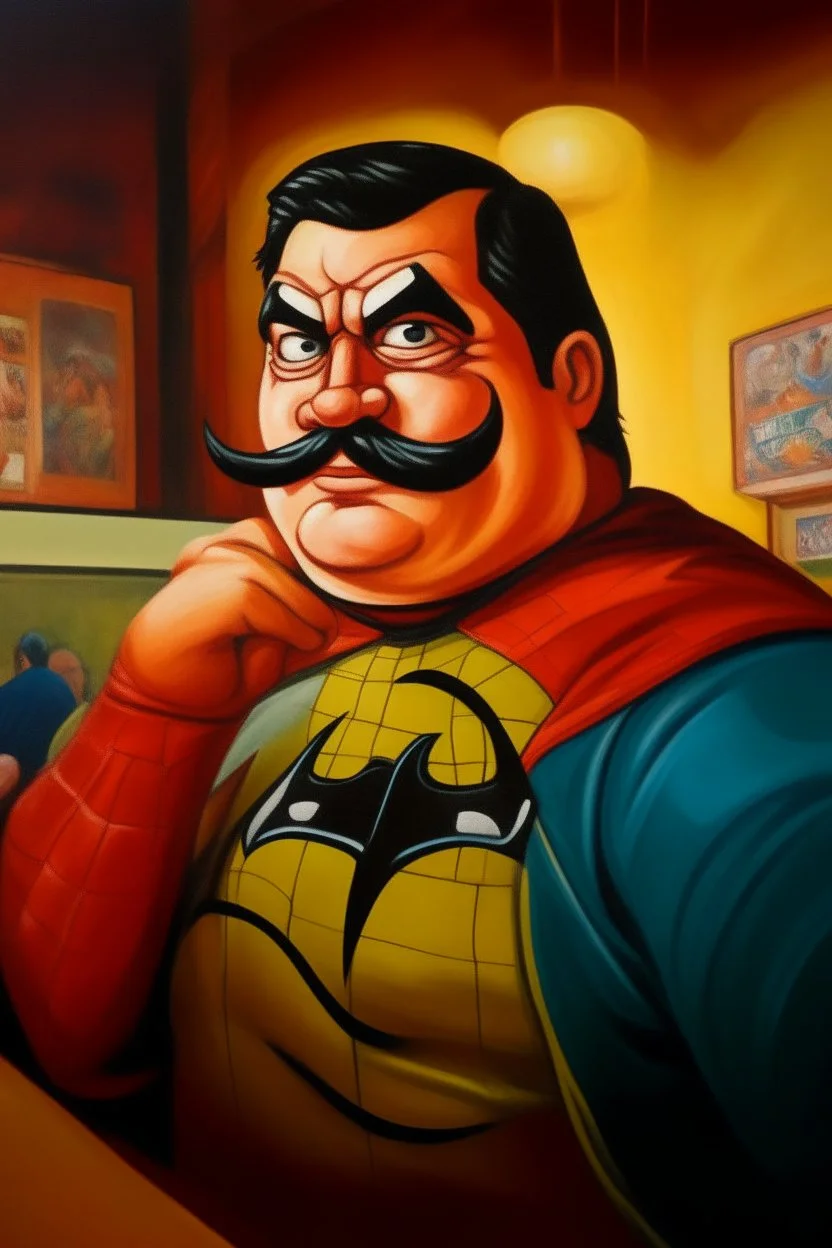 Fat spiderman burguese mustache at the casino oil canvas.