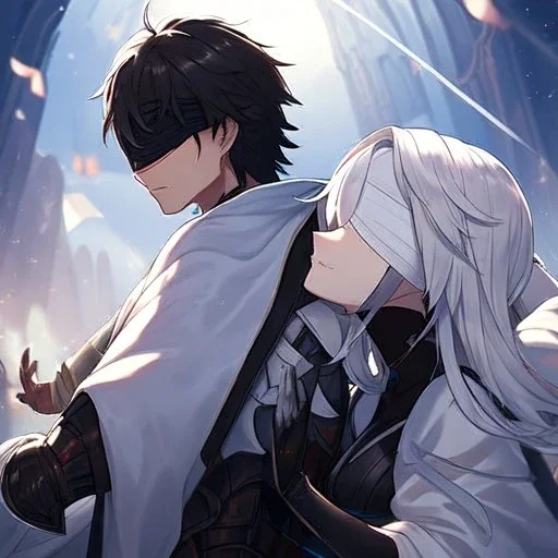 Girl with white hair wearing white robes and a blindfold. Boy with black hair wearing leather armor