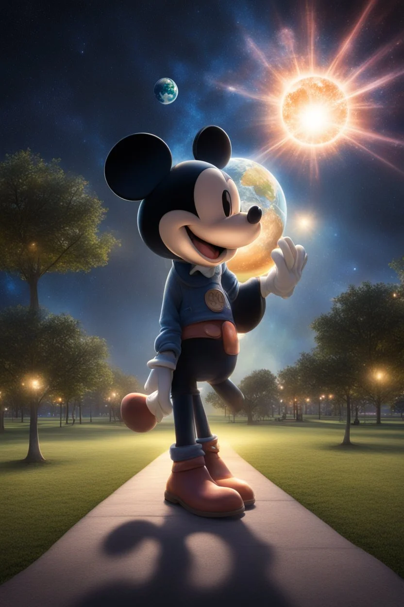 Mickey Mouse with a Supernova above the hand of an Earth person in a developed public park