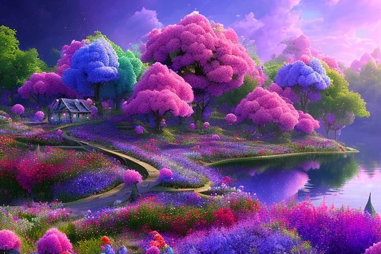 monde en fleurs, blue lake, flower tree-houses, concept art, crépuscule , fuksia bleu oranger, vibrant Color, réaliste, riviere bleu, tree-house bougainvillier, roses