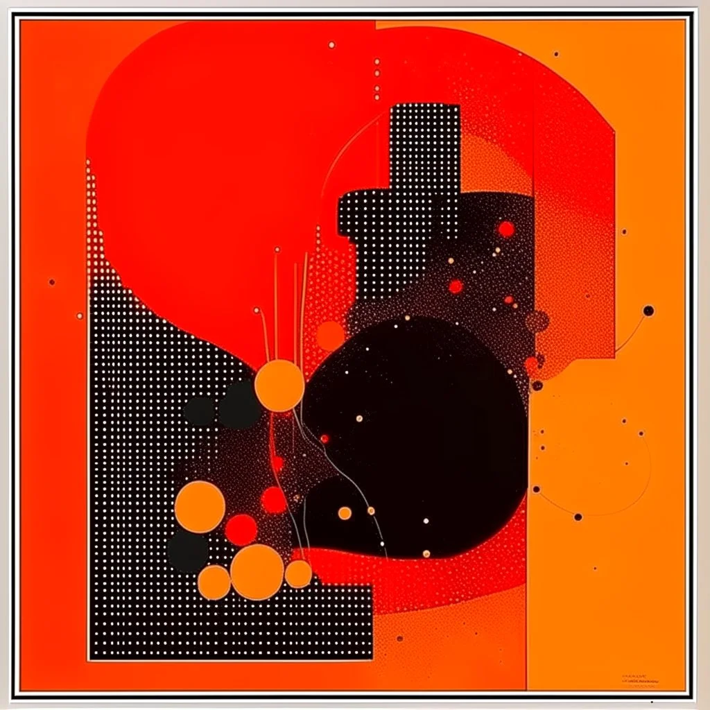 diffused cosmic conspiracies, abstract art, pinpoint light clusters, by Arthur Secunda and Victor Pasmore, silkscreened mind-bending abstractist metal etching, asymmetric, cigarette burn textures, violent orange and black colors of differing hues, orange monocolor
