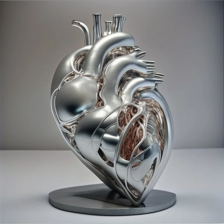 stainless steel sculpture of human flesh-like heart formed by human bodies