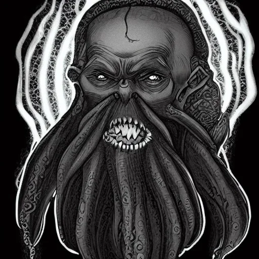 Cthulhu with white skin and a beard made of tentacles as a Russian Orthodox nosferatu vampire with yellow eyes and vampire fangs