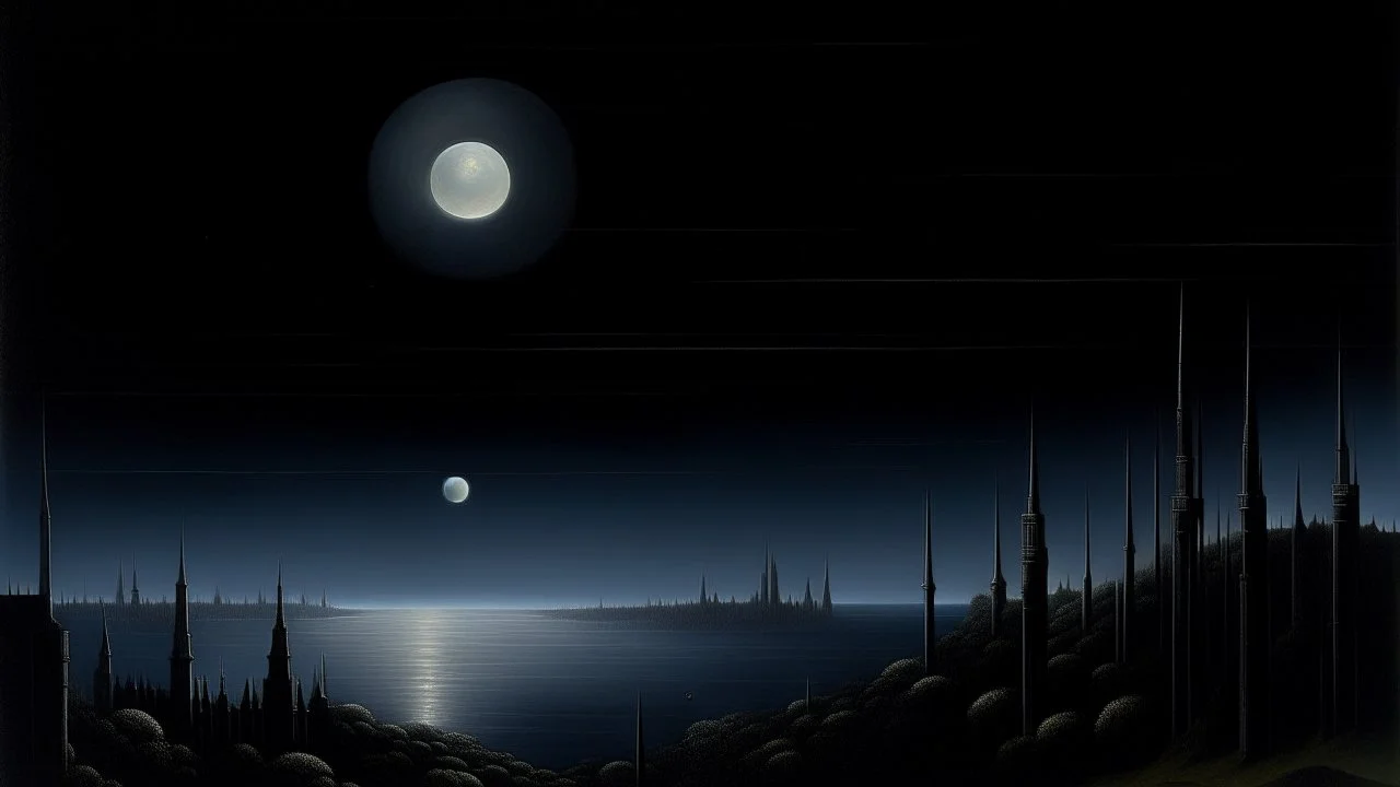 A city in moonlight with dark planets painted by Caspar David Friedrich