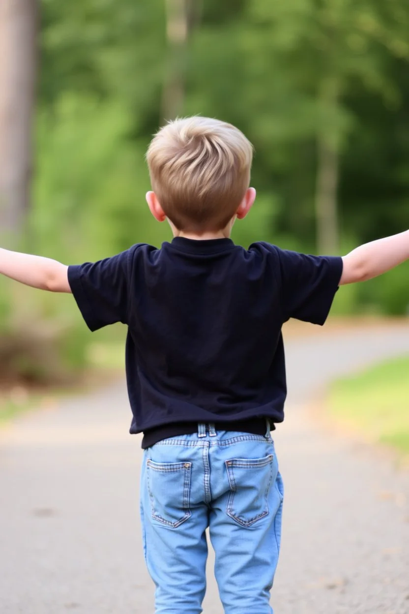 12 year old boy from behind with arms outstretched