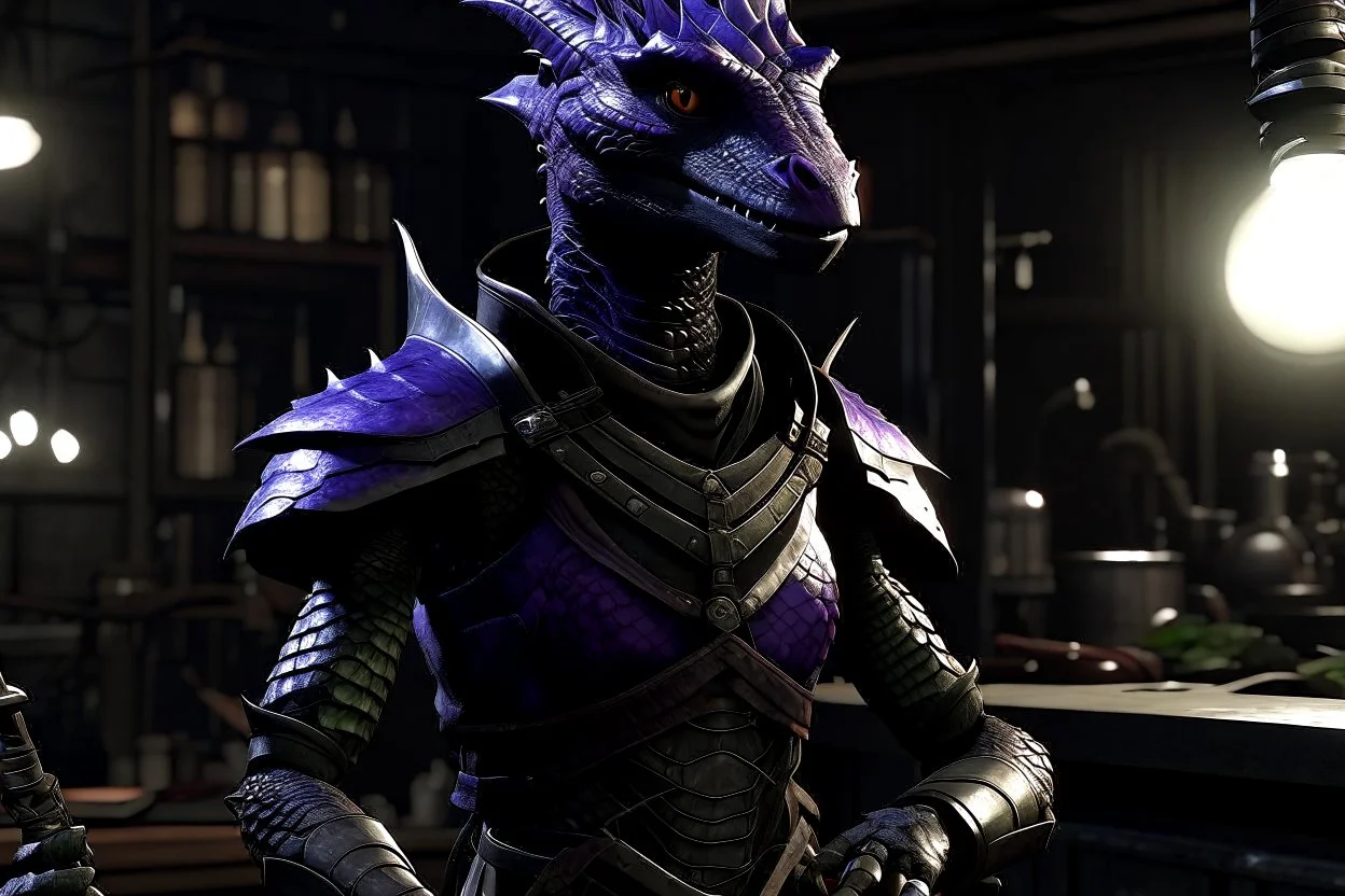 a black and purple, female argonian artificer who uses Tesla coils, skinny, wearing little armor, in her lab