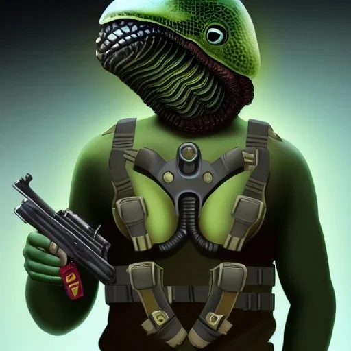 Alien, snake, metaljellyfishsombrero, vest, hands, holding gun, holster, steel military boots, squishy, chest plate, oxygen mask, bulbus nos snout, reptile pupil, blasterrifle, jacked