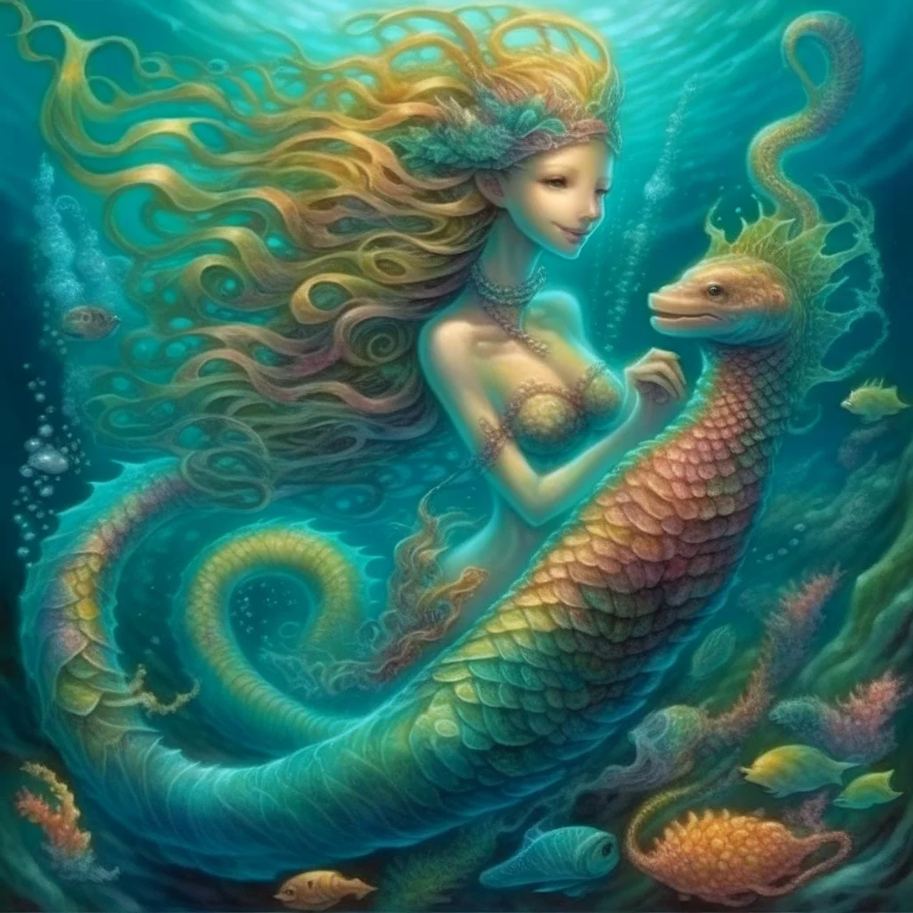 luminescent. mystical, mermaid with long curly fancy flowing tail an hair. Riding a seahorse with a happy face and a swirly main, all in pastel coors, Marine life Background. perfect facial features. Hyperdetailed, dreamlike.