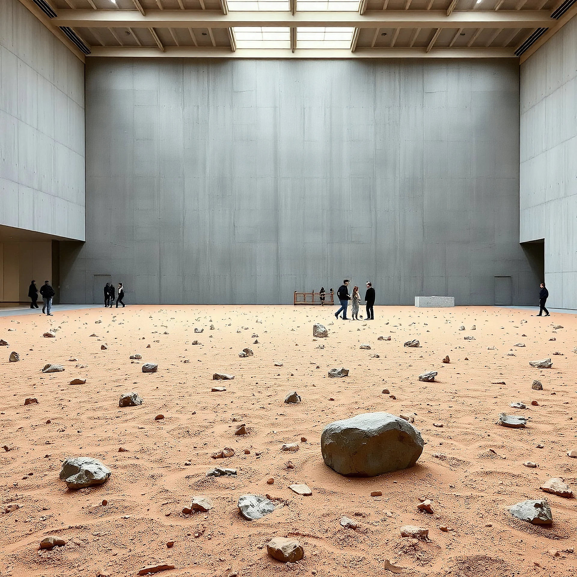 L'immagine mostra un grande spazio interno, probabilmente una galleria d'arte, con un pavimento coperto da terreno sabbioso e rocce sparse, simile a un paesaggio desertico. Sullo sfondo si erge una massiccia parete di cemento, mentre il soffitto traslucido lascia entrare luce naturale. Alcune persone, piccole rispetto all'ambiente, camminano o osservano l'installazione, creando un contrasto tra il paesaggio naturale e l'architettura moderna e minimalista.