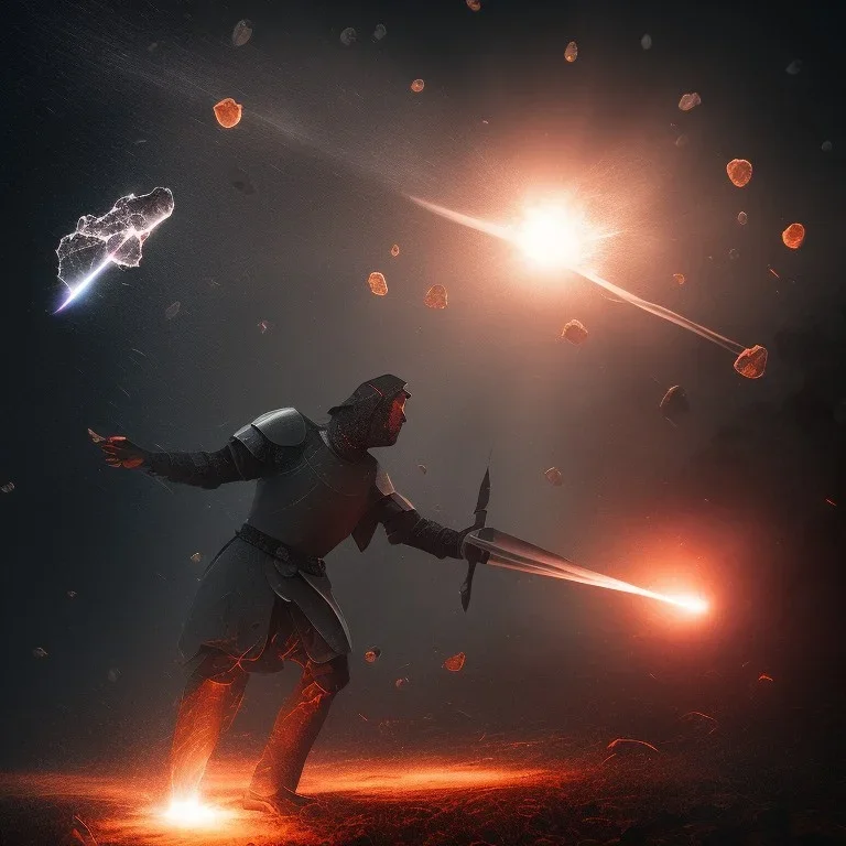 Heavy rain. Epic Lighting in the night sky. Knight with magic scroll in hand. Falling burning meteorite from the sky. Fireball. Meteorite burning in the distance. Dark black mud.