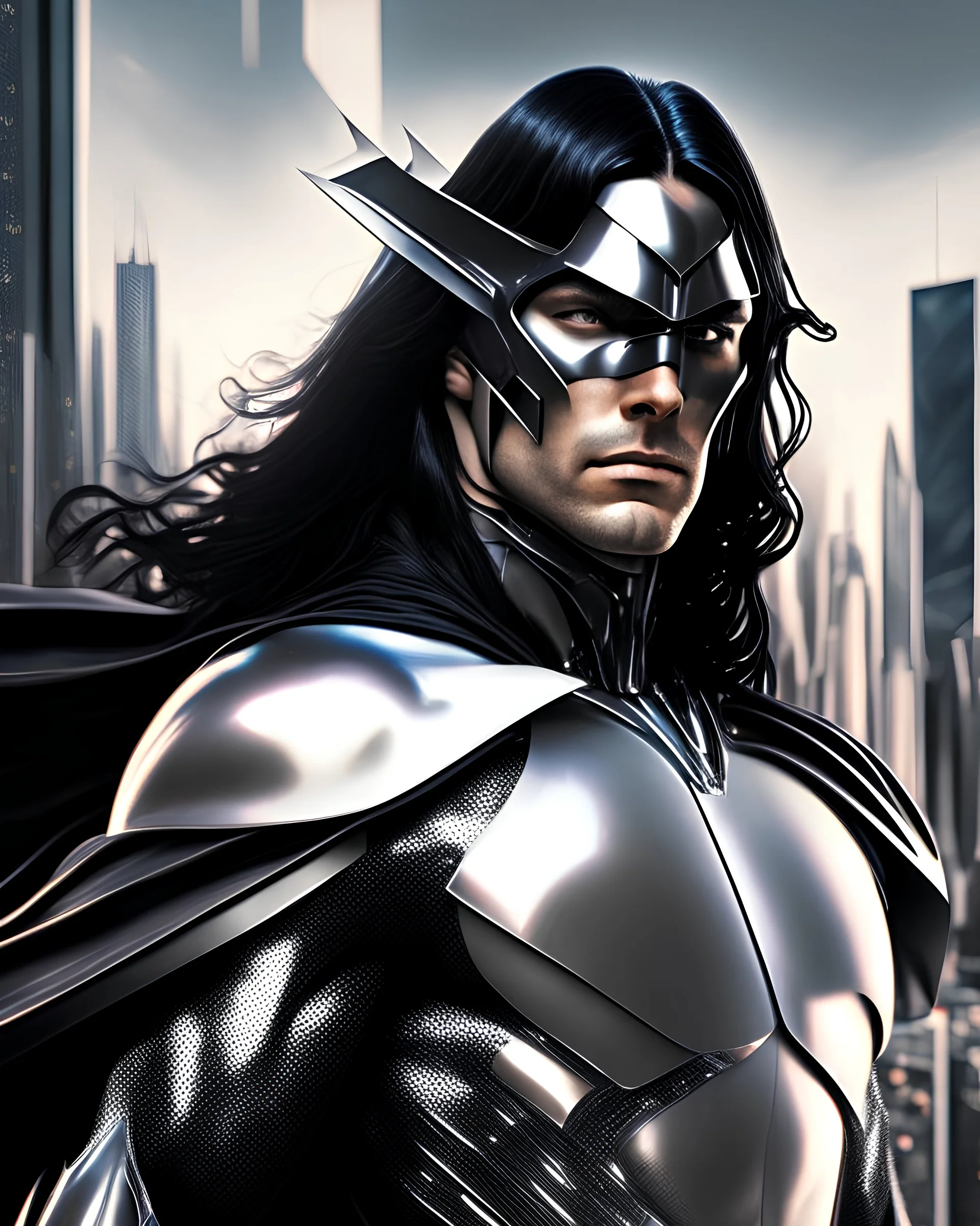 male superhero long black hair wearing black and shiny chrome futuristic armor and shiny chrome headband attached black cape futuristic city in background