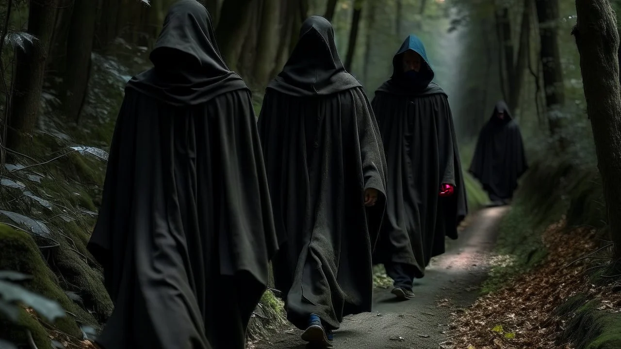 black robe hooded monks on the forest path