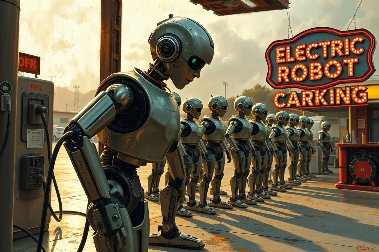 A cinematic wide-angle oil painting of a humanoid robot plugging a thick electric charging cable into its torso port at a futuristic charging station within a retro-style gas station. A long line of identical humanoid robots stands patiently behind, waiting for their turn to recharge. A large vintage-style sign to the side reads 'Electric Robot Charging Station.' The scene is bathed in golden-hour lighting, with rich, noisy colors, expressive thick brushstrokes, intricate steampunk elements, glo