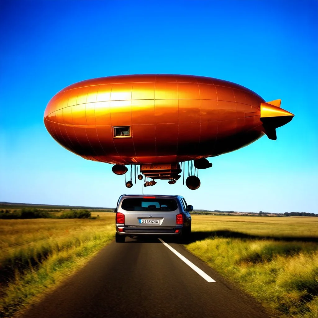 award winning photograph of a steampunk house-fly ufo dirigible designed by only one vehicle per image painted metallic orange traveling at a high rate of speed, jet intake off of front center of vehicle and jet exhaust out the rear bilaterally symetrical, more a high speed road vehicle