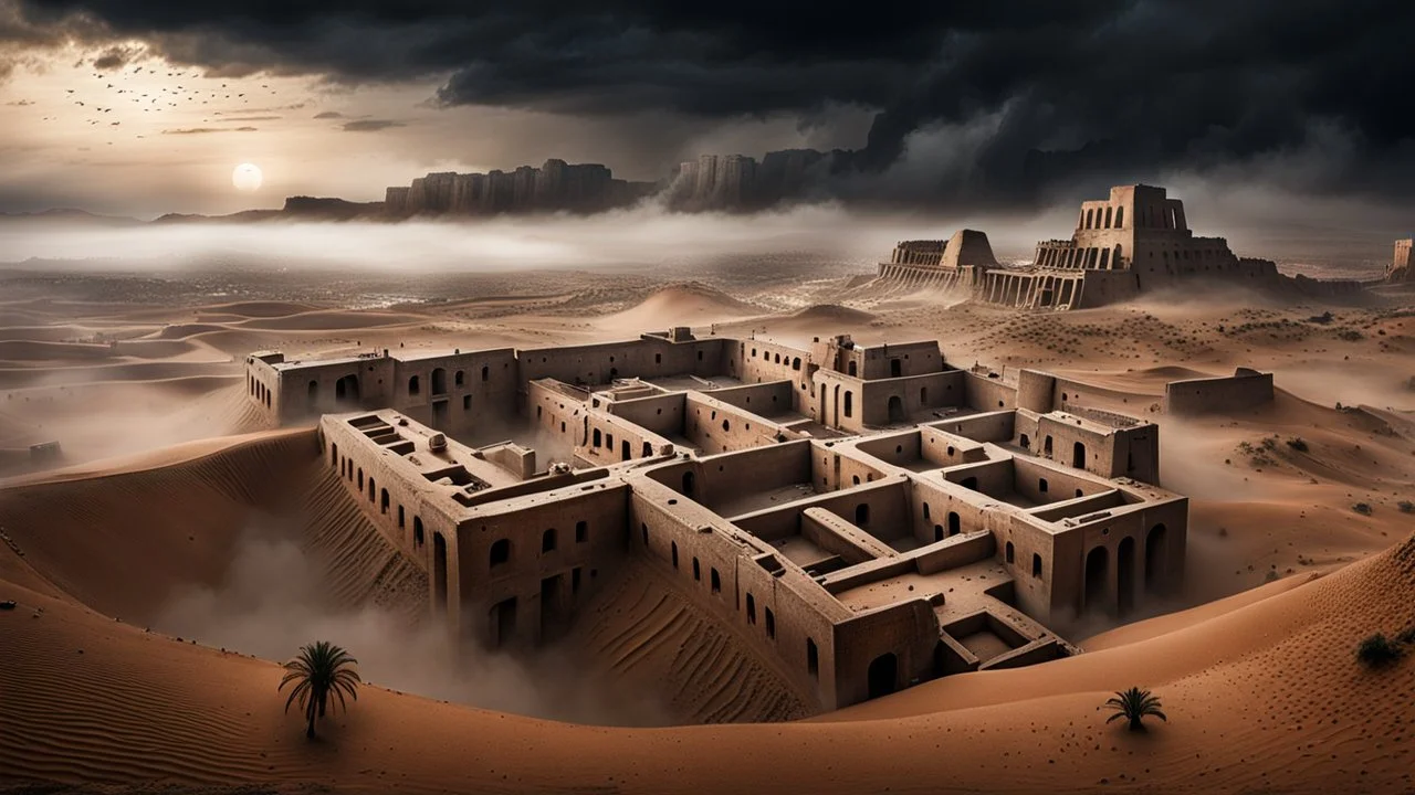 Dark surreal cinematic scene of gigantic brutalist megastructures merged with the ancient architecture of Ksar Ouled Soltane in the middle of a foggy desert. Ancient clay vaults integrated into raw concrete monoliths, mysterious atmosphere, ultra realistic, highly detailed textures, volumetric fog, dramatic lighting, dystopian archaeology, soft blowing sand, ominous mood, wide cinematic framing, brutalism meets Berber architecture, photorealistic