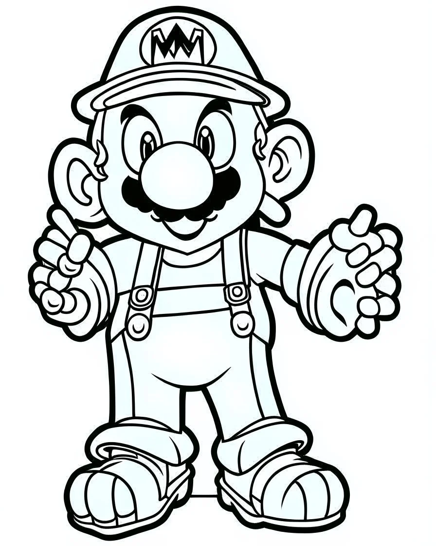 outline art for Mario coloring page, Japanese manga style, cartoon style, cute face, white background sketch style, full body is a must, only use outline, clean line art, no shadow, bold outline