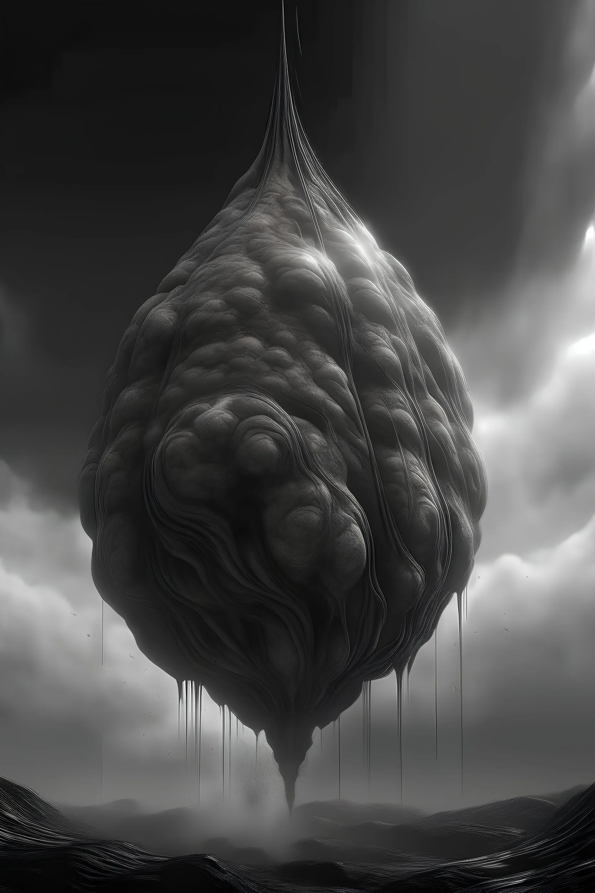 4k image, grey scale painterly image, epic scene of organic drop pod made of bone and flesh descending through the atmosphere trailing fire and smoke, overhead 3/4 view, extreme perspective, HR Giger