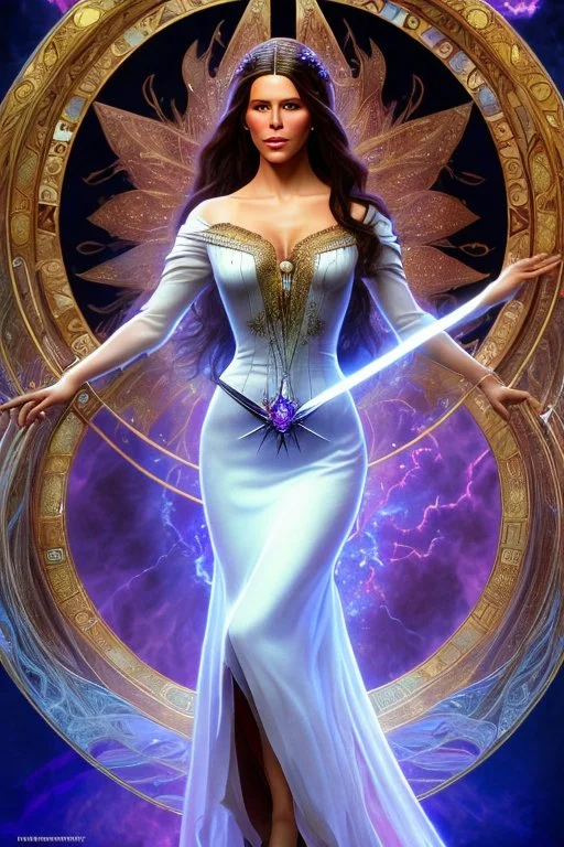 art by Alfons Mucha, stained glass motif, whole body image of beautiful Kate Beckinsale as Yennefer the Sorceress from The Witcher in a mystical enchanted forest opening a portal to another world, HD 4K, sharp detail, photo-realistic accurate face and features, cinematic lighting, award winning imagery