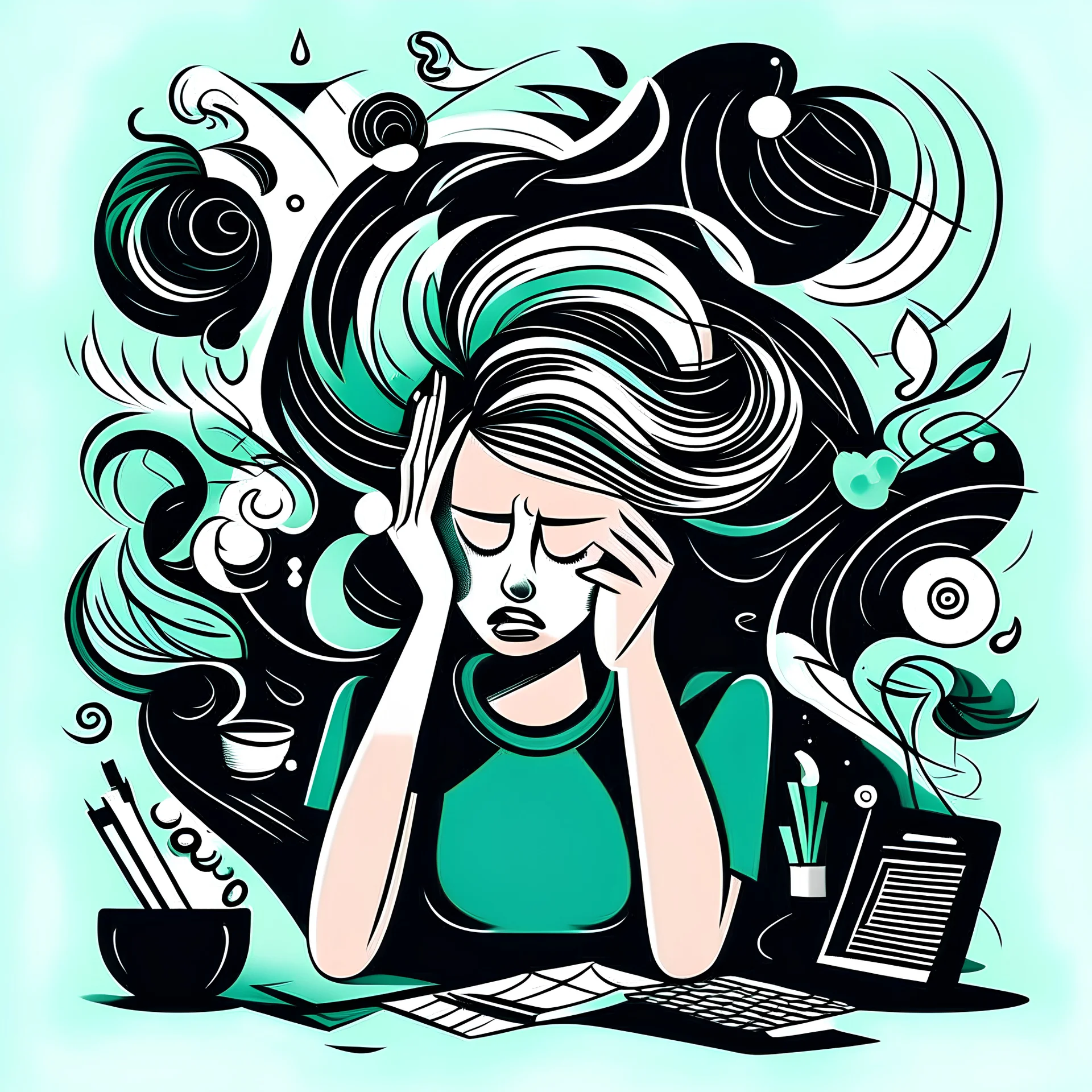 concept of emotional stress, cartoon style, mint and black colors palette, in the style of simplified and stylized illustrations, high resolution vector